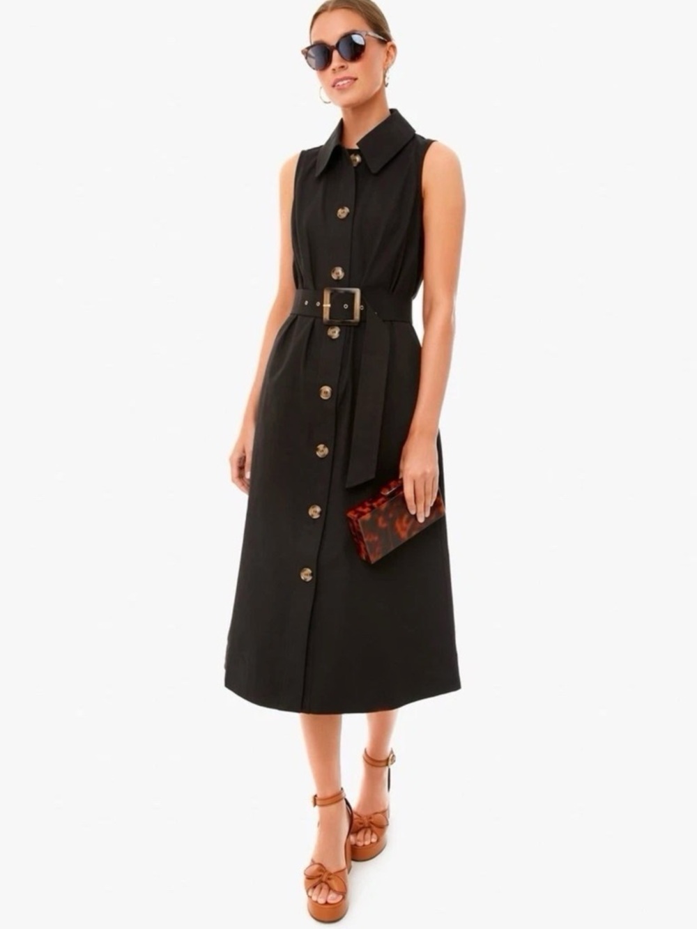 Tuckernuck Black Sleeveless Chamberlin Button-Front Midi Dress with Belt